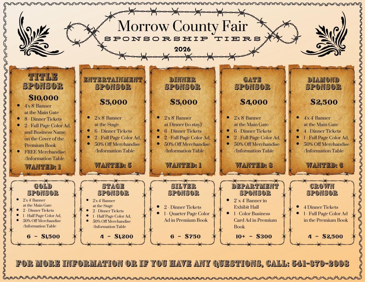 Become a 2026 Morrow County Fair Sponsor Today! 2026 Morrow County Fair Sponsorship Tiers