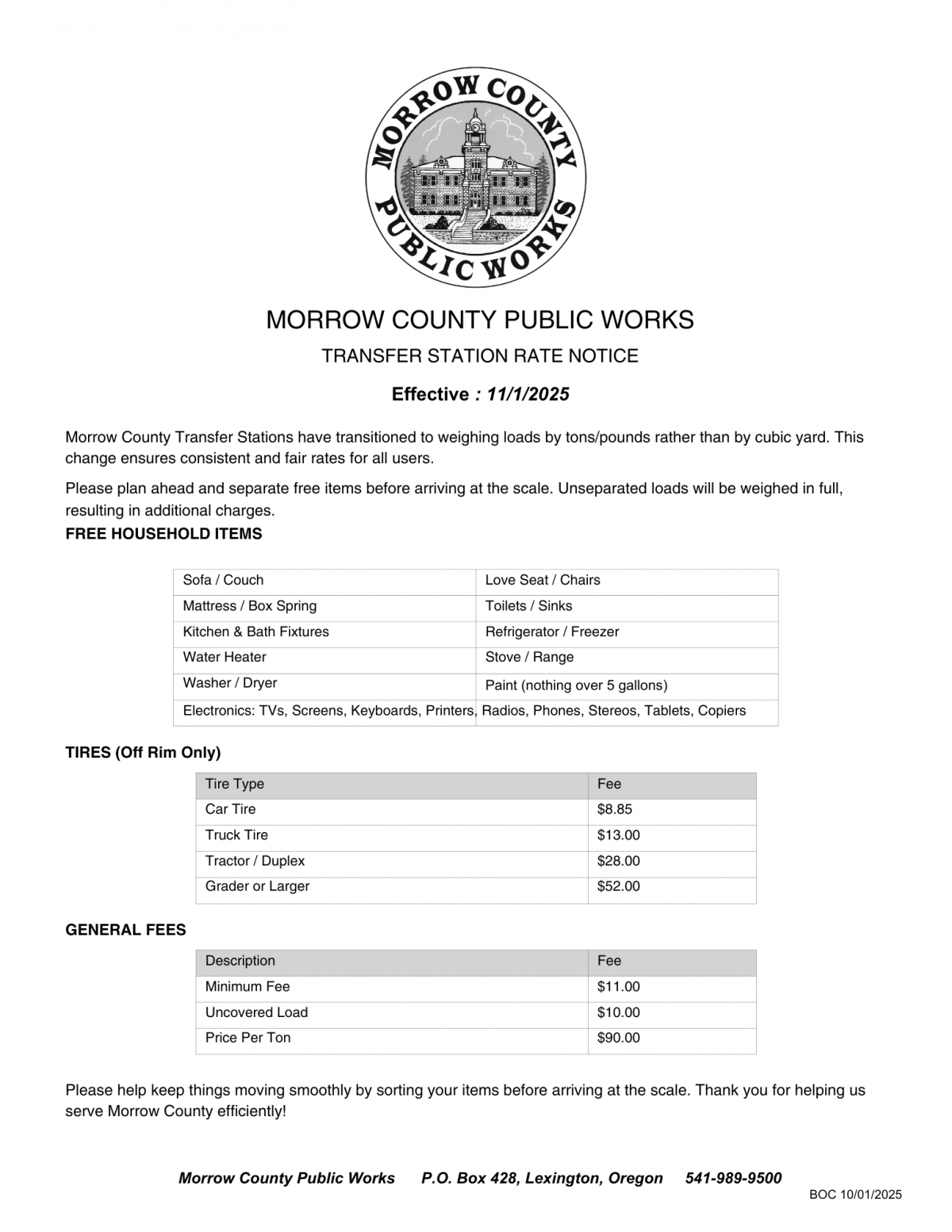 Transfer Station Rate Notice
